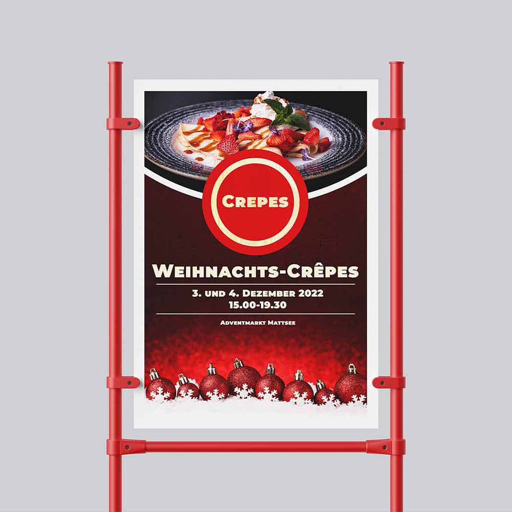 a mockup of a red an white christmas crepes flyer